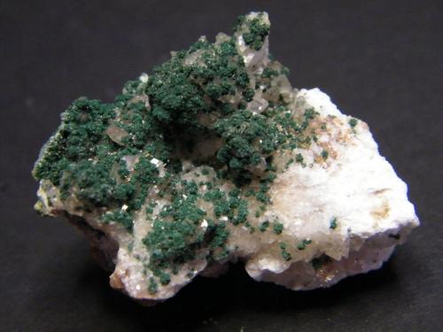 Malachite on Calcite<br />Tsumeb Mine, Tsumeb, Otjikoto Region, Namibia<br />42mm x 32mm x 29mm<br /> (Author: Heimo Hellwig)