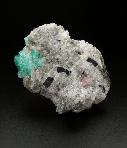 Beryl (variety emerald), Calcite, Fluorapatite<br />Chivor mining district, Municipio Chivor, Eastern Emerald Belt, Boyacá Department, Colombia<br />73x50x43mm, aggregate=25x15mm, fluorapatite xl=6mm<br /> (Author: Fiebre Verde)