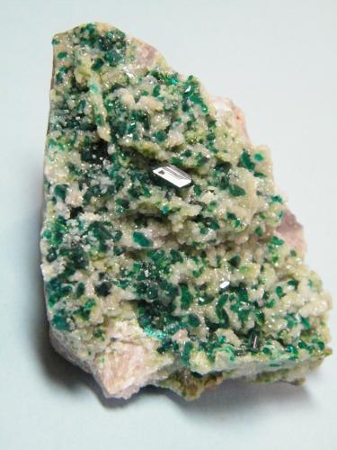 Dioptase, Calcite and Duftite<br />Tsumeb Mine, Tsumeb, Otjikoto Region, Namibia<br />51mm x 69mm x 40mm<br /> (Author: Heimo Hellwig)