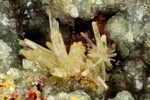 Mimetite, Carminite, Scorodite<br />Gold Hill Mine, Gold Hill, Gold Hill District, Tooele County, Utah, USA<br />FOV = 2.8 mm<br /> (Author: Doug)