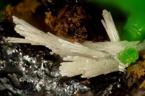 Cerussite, Conichalcite<br />Mohawk Mine, Mohawk Hill, Clark Mountains, Clark Mountain District (Clark District), San Bernardino County, California, USA<br />FOV = 1.6 mm<br /> (Author: Doug)