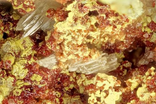 Mimetite, Carminite<br />Gold Hill Mine, Gold Hill, Gold Hill District, Tooele County, Utah, USA<br />FOV = 2.0 mm<br /> (Author: Doug)