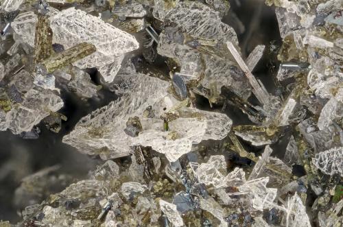 Hedenbergite, Albite, Ilmenite, Fluorapatite<br />Lemolo Lake Quarry, Douglas County, Oregon, USA<br />FOV = 4.0 mm<br /> (Author: Doug)
