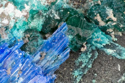 Brochantite, Linarite, Caledonite<br />Blue Bell Mine, Baker, Soda Lake Mountains, San Bernardino County, California, USA<br />FOV = 1.9 mm<br /> (Author: Doug)