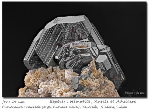 Rutile on Hematite and with Orthoclase (variety adular)<br />Cavradi, Curnera Valley, Tujetsch (Tavetsch), Vorderrhein Valley, Grischun (Grisons; Graubünden), Switzerland<br />fov 29 mm<br /> (Author: ploum)