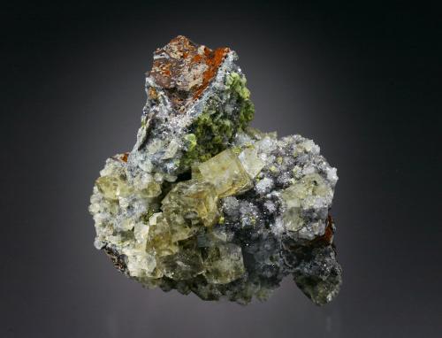 Fluorite with Mimetite<br />Murton Mine, Scordale, Hilton, North Pennines Orefield, former Westmorland, Cumbria, England / United Kingdom<br />6x6x4 cm overall size<br /> (Author: Jesse Fisher)