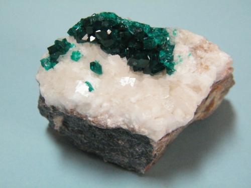 Dioptase on Calcite<br />Tsumeb Mine, Tsumeb, Otjikoto Region, Namibia<br />49mm x 37mm x 45mm<br /> (Author: Heimo Hellwig)