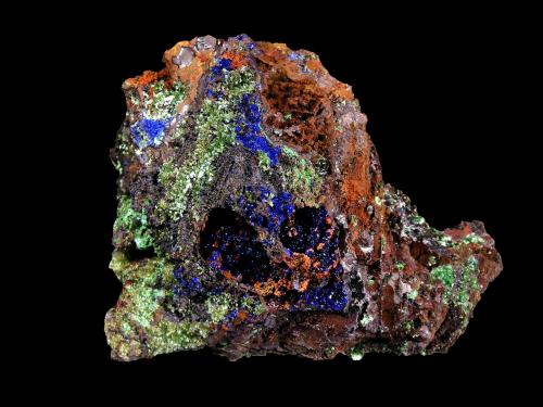Zincolivenita, Olivenita y Azurita<br />Hilarion Mine, Hilarion area, Kamariza Mines, Agios Konstantinos, Lavrion Mining District, Attikí (Attica) Prefecture, Greece<br />10 x 8 cm.<br /> (Autor: Antonio P. López)