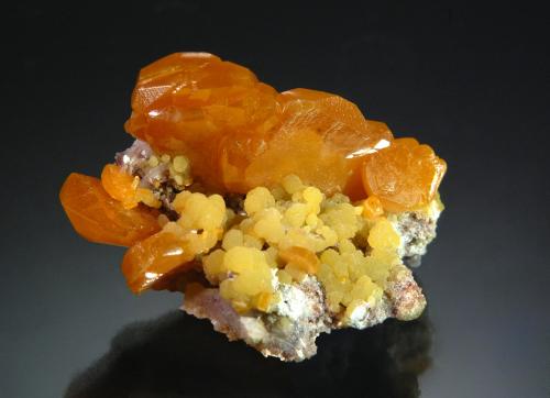 Wulfenite and Mimetite<br />La Morita Mine, Municipio Ascención, Chihuahua, Mexico<br />2.0 cm x 2.3  x 3.0 cm<br /> (Author: Michael Shaw)