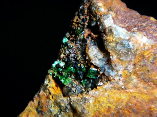 Torbernita<br />Mina Trapero, Cardeña, Comarca Los Pedroches, Córdoba, Andalucía, España<br />Campo de visión 4 cm.<br /> (Autor: Antonio P. López)