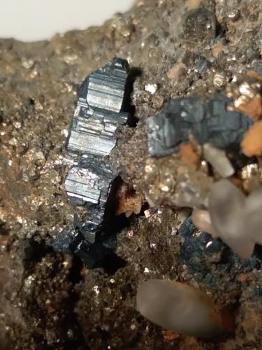 Bournonita, Pirita, Calcita<br />Brosso Mine, Cálea, Léssolo, Canavese District, Metropolitan City of Turin Province, Piedmont (Piemonte), Italy<br />63 x 50 mm<br /> (Autor: Sante Celiberti)