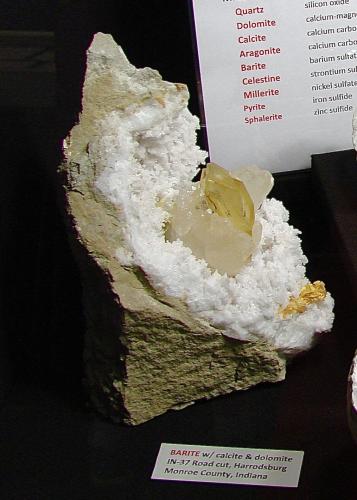 Baryte and Calcite and Dolomite on Quartz<br />State Route 37 road cuts, Harrodsburg, Clear Creek Township, Monroe County, Indiana, USA<br />Example is  22 cm.   The baryte is 3.8 cm.     The surrounding calcites are over  5 cm.<br /> (Author: Bob Harman)