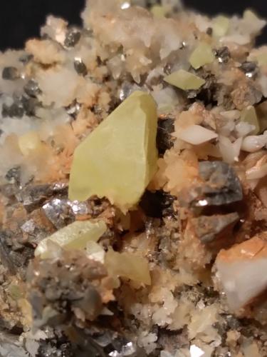 Sulphur, Pyrite, Calcite<br />Campiano Mine, Montieri, Grosseto Province, Tuscany, Italy<br />70 x 60 mm<br /> (Author: Sante Celiberti)