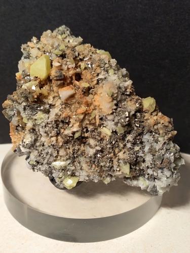 Sulphur, Pyrite, Calcite<br />Campiano Mine, Montieri, Grosseto Province, Tuscany, Italy<br />70 x 60 mm<br /> (Author: Sante Celiberti)