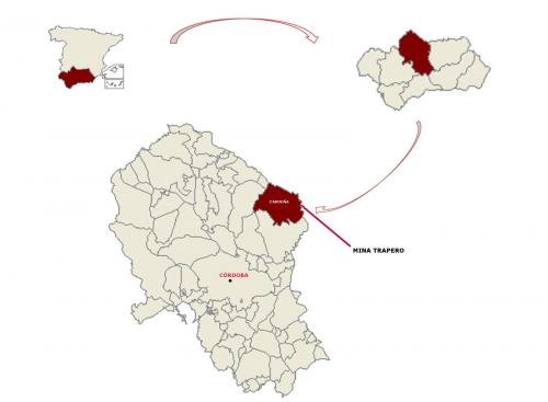 Situación geográfica de la mina “Trapero” en el término municipal de Cardeña, provincia de Córdoba. (Elaboración propia) (Autor: Antonio P. López)