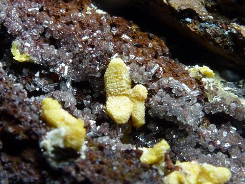 Mimetita, Calcita<br />Preguiça Mine, Sobral da Adiça, Moura, Beja District, Baixo Alentejo, Alentejo, Portugal<br />4 x 4 cm. la pieza, 0,2 cm. el cristal mayor<br /> (Autor: javier ruiz martin)