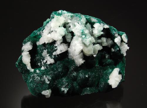 Cerussite on malachite<br />Palabanda, M'Fouati District, Bouenza Department, Republic of the Congo<br />5.6 cm x 7.0 cm<br /> (Author: Michael Shaw)