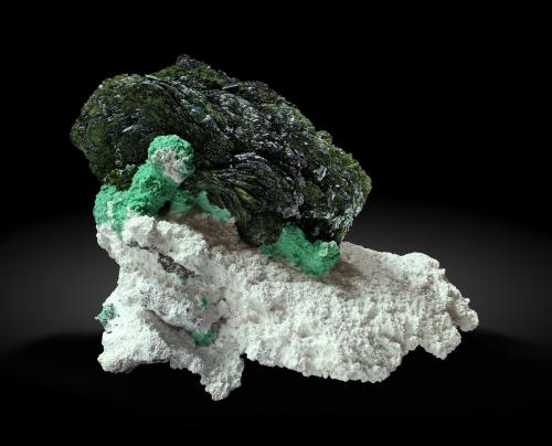 Volborthite with Malachite and Azurite and on Dickite<br />Mina Milpillas, Cuitaca, Municipio Santa Cruz, Sonora, México<br />Specimen size: 4.9 × 3.5 × 2.2 cm / main crystal size: 3.3 × 1.4 cm<br /> (Author: Jordi Fabre)