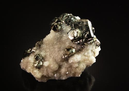 Pyrite on Calcite<br />Minas da Panasqueira, Aldeia de São Francisco de Assis, Covilhã, Castelo Branco, Cova da Beira, Centro, Portugal<br />4.0 x 6.0 x 7.5 cm<br /> (Author: Michael Shaw)