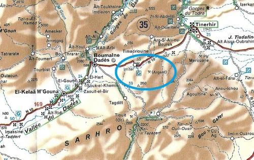 Modificado del mapa de carreteras de la Guía Michelín, "Marruecos", escala 1:1000000, mapade carreteras y turístico con la situación de Imiter y sus minas. (Autor: Carles)