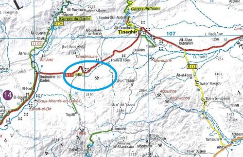 Plano modificado de "Maroc", IGN, Institut National de l’Information Géographique et Forestiere, escala 1:800000. Situación de la mina de Imiter. (Autor: Carles)