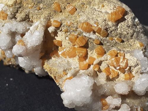Wulfenite, Calcite<br />Helena Mine, Crna (Schwarzenbach), Meica Municipality, Carinthia Region, Slovenia<br />8,5 x 6,5 cm<br /> (Author: Volkmar Stingl)