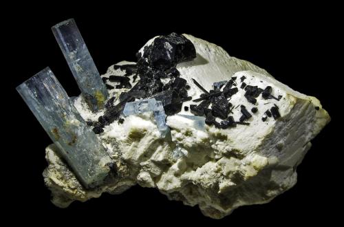 Beryl (variety aquamarine) with Schorl and Orthoclase<br />Bergsig Farm 167 (Hohenstein), Omaruru, Erongo Region, Namibia<br />80 x 60 x 55 mm<br /> (Author: Rob Schnerr)