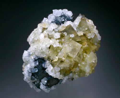 Fluorite, Quartz, and Galena<br />Blue Circle Cement Quarry (Eastgate Quarry), Eastgate, Weardale, North Pennines Orefield, County Durham, England / United Kingdom<br />7x5x4 cm overall size.<br /> (Author: Jesse Fisher)
