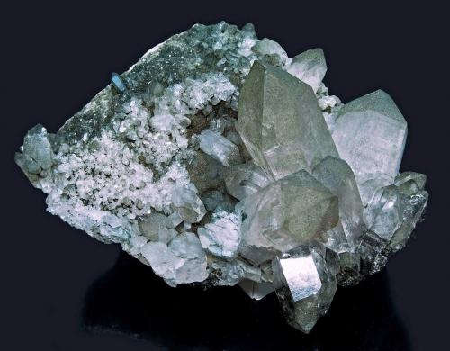 Quartz, Chlorite<br />Tiefen Glacier, Galenstock Mountain, Realp, Uri, Switzerland<br />Specimen size 17,5 cm, largest quartz 7 cm<br /> (Author: Tobi)