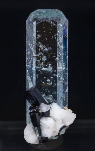 Beryl (variety aquamarine) with Albite, Schorl and Muscovite<br />Gilgit-Baltistan (Northern Areas), Pakistan<br />Specimen size: 4.2 × 1.4 × 1.3 cm / main crystal size: 4.2 × 1.4 cm<br /> (Author: Jordi Fabre)