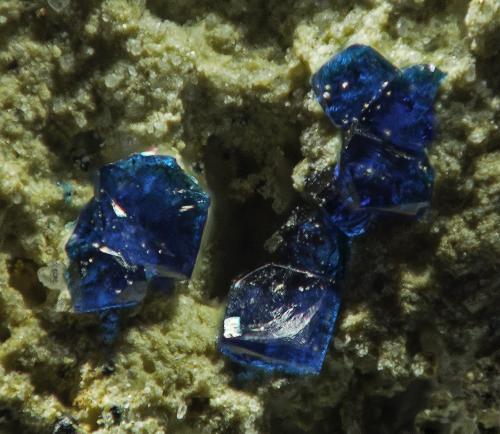 Cornetite<br />Kasompi Mine, Swambo, Kambove District, Katanga Copper Crescent, Katanga (Shaba), Democratic Republic of the Congo (Zaire)<br />VOF appr. 3 mm<br /> (Author: Rob Schnerr)