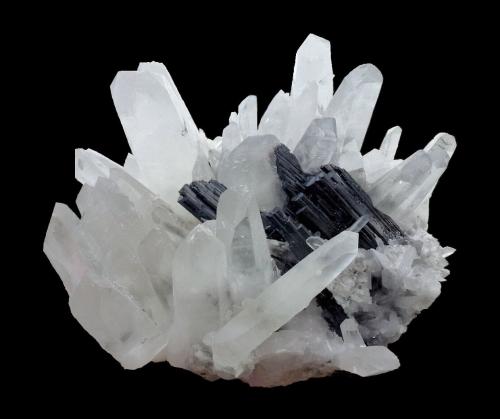 Quartz, Hübnerite<br />Mundo Nuevo mining area, Mundo Nuevo, Huamachuco, Sánchez Carrión Province, La Libertad Department, Peru<br />Specimen size 15 cm, largest quartz 8 cm, hübnerite aggregrate 8 cm<br /> (Author: Tobi)