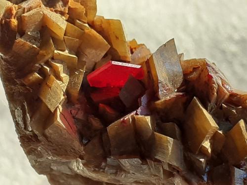 Cinnabar, Siderite<br />Erzberg, Eisenerz (Steiermark), Leoben District, Styria/Steiermark, Austria<br />4 x 3 cm<br /> (Author: Volkmar Stingl)