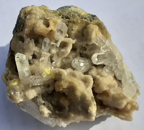Celestine, Sulfur, Calcite<br />Machów Mine, Tarnobrzeg, Subcarpathian Voivodeship, Poland<br />5 x 4,5 cm<br /> (Author: Volkmar Stingl)