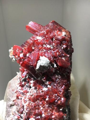 Realgar on Calcite<br />Jiepaiyu Mine (Shimen Mine), Shimen County, Changde Prefecture, Hunan, China<br />4 cm crystal<br /> (Author: Jean Suffert)