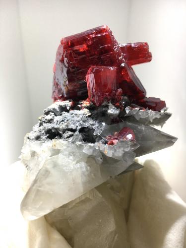 Realgar on Calcite<br />Jiepaiyu Mine (Shimen Mine), Shimen County, Changde Prefecture, Hunan, China<br />4 cm crystal<br /> (Author: Jean Suffert)