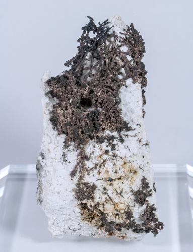 Silver coated by Acanthite and on Calcite<br />Mina Balcoll, Falset, Comarca Priorat, Tarragona, Cataluña / Catalunya, España<br />5.2 × 3.7 × 5.2 cm<br /> (Author: Jordi Fabre)