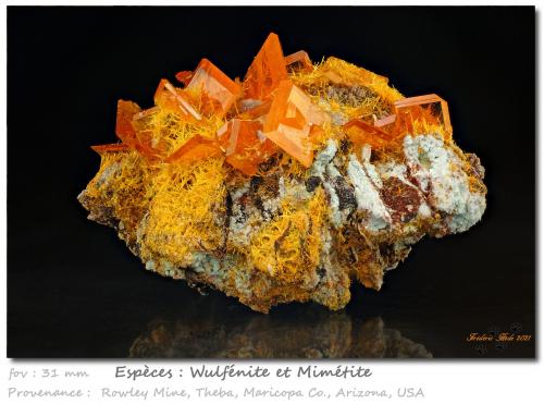 Wulfenite and Mimetite<br />Mina Rowley, Theba, Distrito Painted Rock, Montes Painted Rock, Condado Maricopa, Arizona, USA<br />fov 31 mm<br /> (Author: ploum)