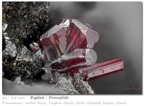 Proustite<br />Imiter Mine, Jebel Saghro, Imiter District, Tinghir Province, Drâa-Tafilalet Region, Morocco<br />fov 5.0 mm<br /> (Author: ploum)