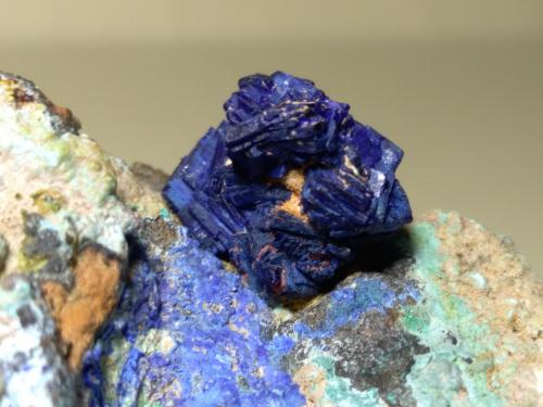 Azurita, Chalcocita (Calcosina), Philipsburgita, Theisita<br />Sa Duchesa Mine, Oridda Valley, Domusnovas, Sud Sardegna Province, Sardinia/Sardegna, Italy<br />73 x 40 mm<br /> (Autor: Sante Celiberti)