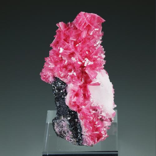 Rhodonite, Quartz, Calcite, Sphalerite<br />Mina San Martín, Chiurucu (Chiuruco), Distrito Huallanca, Provincia Bolognesi, Departamento Ancash, Perú<br />69 mm x 39 mm. Main rhodonite crystal: ~9 mm long. Mass: 84 g<br /> (Author: Carles Millan)