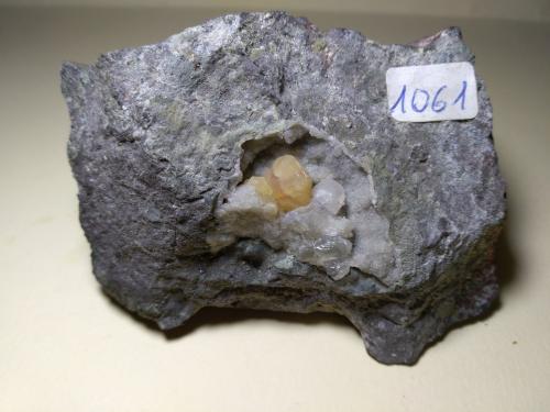 Chabasite (variety phacolite), Calcite<br />Su Marralzu Quarry, Osilo, Sassari Province, Sardinia/Sardegna, Italy<br />79 x 72 mm<br /> (Author: Sante Celiberti)
