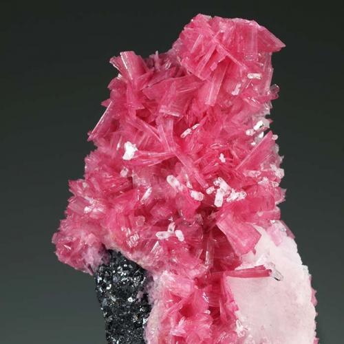 Rhodonite, Quartz, Calcite, Sphalerite<br />Mina San Martín, Chiurucu (Chiuruco), Distrito Huallanca, Provincia Bolognesi, Departamento Ancash, Perú<br />69 mm x 39 mm. Main rhodonite crystal: ~9 mm long. Mass: 84 g<br /> (Author: Carles Millan)