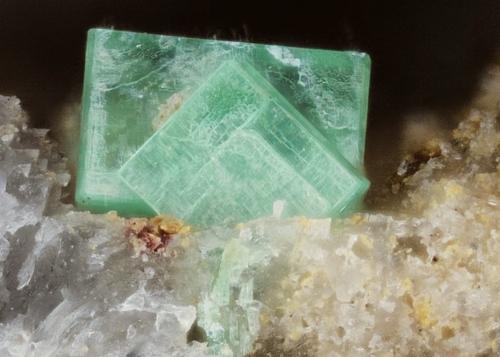 Torbernite<br />Chaméane Uranium Deposit, Le Vernet-Chaméane, Issoire District, Puy-de-Dôme Department, Auvergne-Rhône-Alpes, France<br />FOV 1mm<br /> (Author: david916)