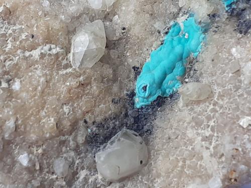 Calcite, Malachite<br />Ringenwechsel Mining District, Troi, District Schwaz, Inn Valley, North Tyrol, Tyrol/Tirol, Austria<br />FoV ca. 2 x 1,5 cm<br /> (Author: Volkmar Stingl)