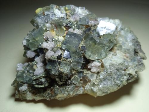 Fluorite, Pyrite, Calcite<br />Shangbao Mine, Leiyang, Hengyang Prefecture, Hunan Province, China<br />10,5 x 6,5 cm<br /> (Author: Sante Celiberti)
