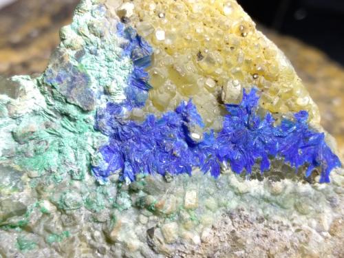 Linarite, Brochantite, Fluorite<br />Santa Lucia Mine, Fluminimaggiore, Sud Sardegna Province, Sardinia/Sardegna, Italy<br />74 x 38 mm<br /> (Author: Sante Celiberti)