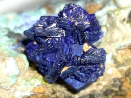 Azurite, Chalcocite, Phillipsburgite, Theisite<br />Sa Duchesa Mine, Oridda Valley, Domusnovas, Sud Sardegna Province, Sardinia/Sardegna, Italy<br />73 x 40 mm<br /> (Author: Sante Celiberti)