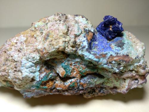 Azurite, Chalcocite, Phillipsburgite, Theisite<br />Sa Duchesa Mine, Oridda Valley, Domusnovas, Sud Sardegna Province, Sardinia/Sardegna, Italy<br />73 x 40 mm<br /> (Author: Sante Celiberti)