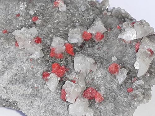 Cinnabar, Calcite<br />Le Solforate Mine, Amiata Mountain, Piancastagnaio, Siena Province, Tuscany, Italy<br />4 x 2,5 cm<br /> (Author: Volkmar Stingl)